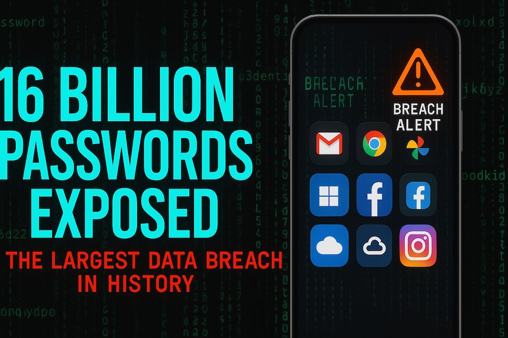 Illustration showing 16 billion passwords exposed in largest data breach 2025, with Matrix-style rain and smartphone data leaks