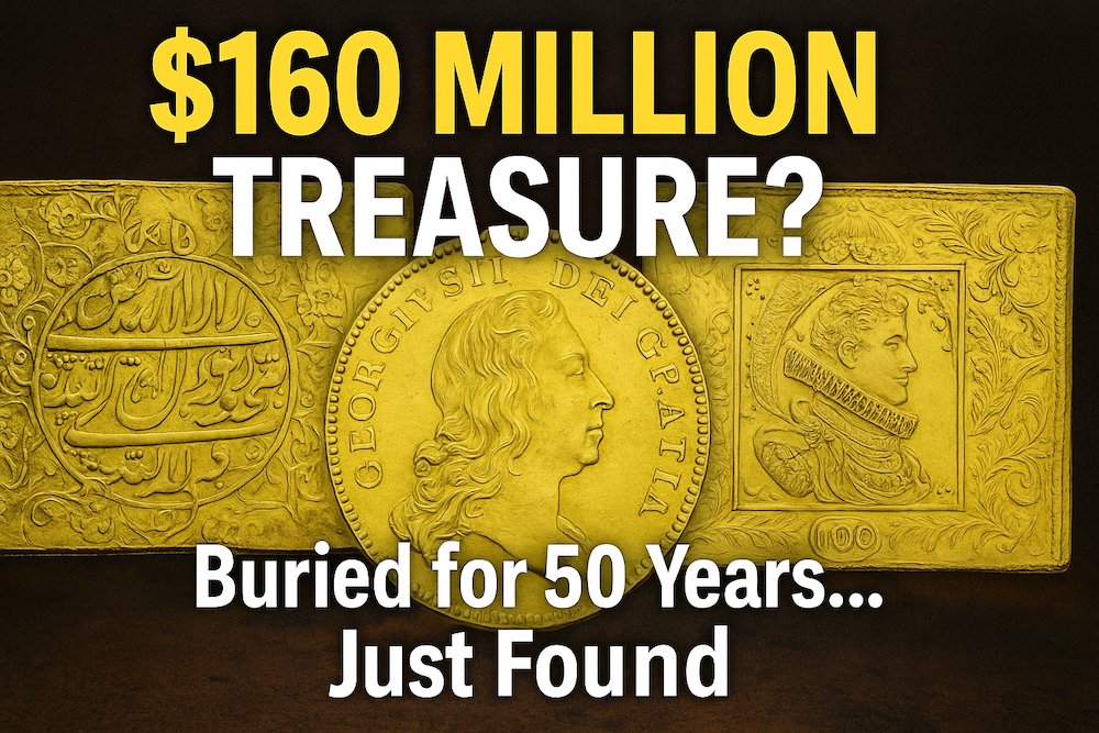 Three ancient gold coins on dark background with title "$160 Million Treasure"
