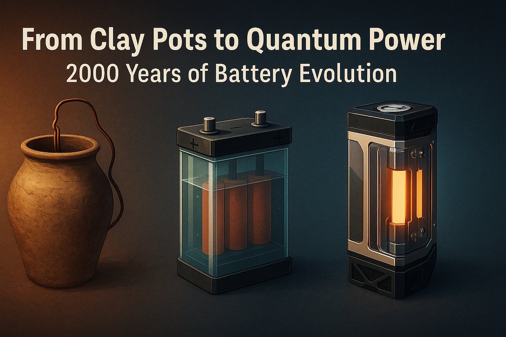 Illustration showing 2000 years of battery evolution from ancient clay pots to modern quantum batteries.