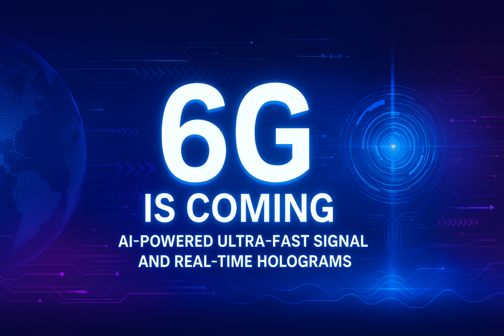Futuristic digital illustration with bold “6G” text in the center, surrounded by glowing circuits, AI network patterns, and holographic elements representing next-generation mobile technology