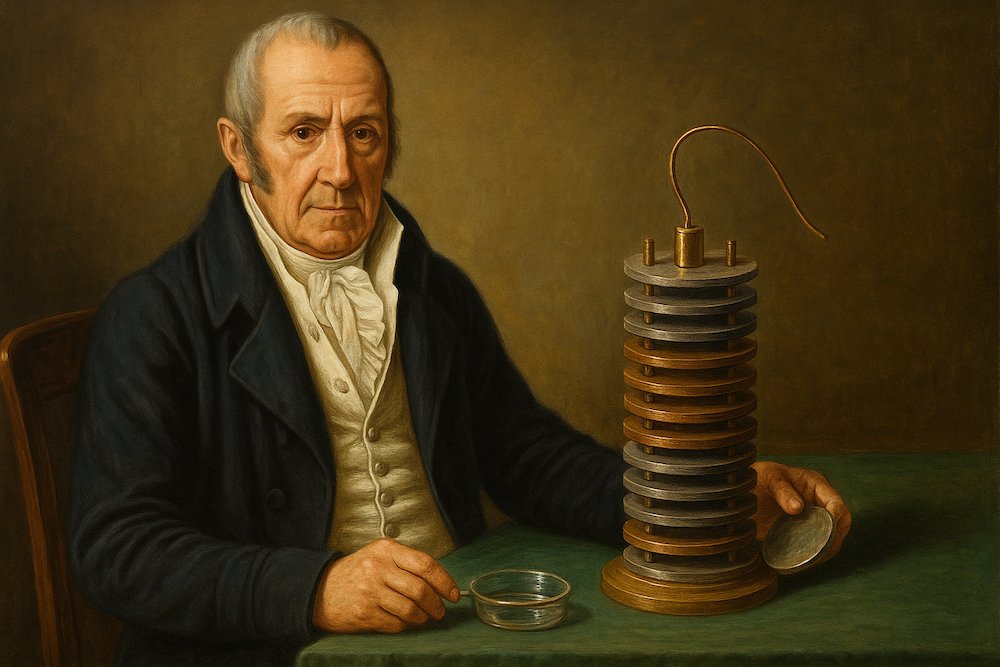 Alessandro Volta prezentând prima baterie voltaică, începutul erei moderne a energiei electrice