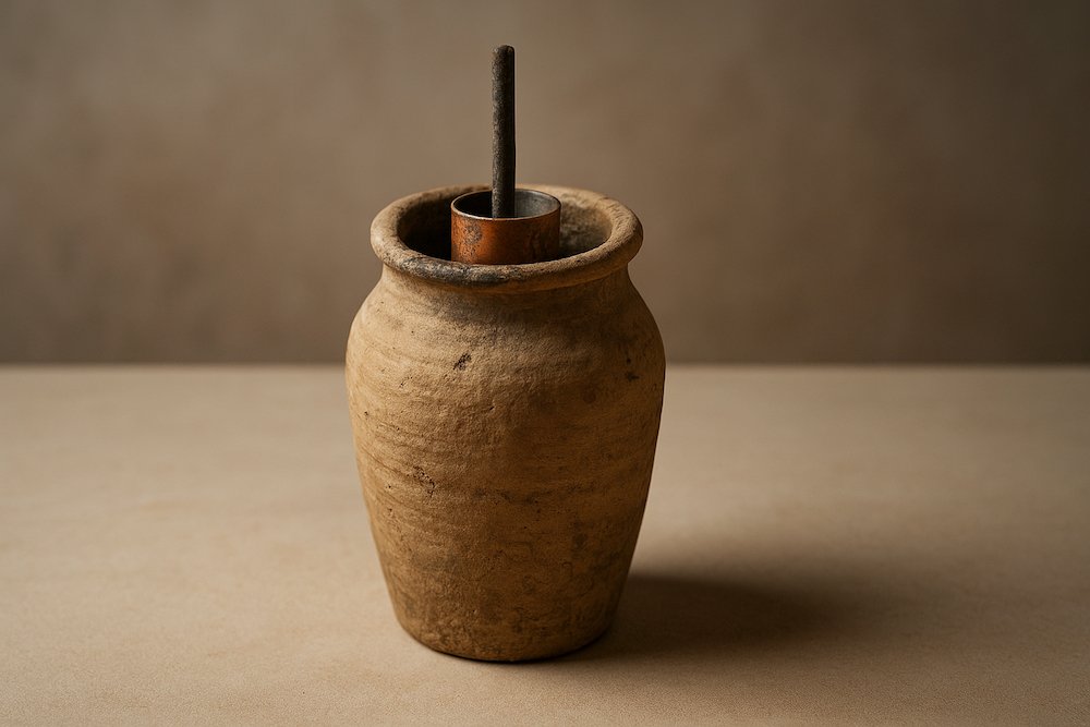 Cross-sectional illustration of the Baghdad Battery showing ceramic jar, copper cylinder, and iron rod components