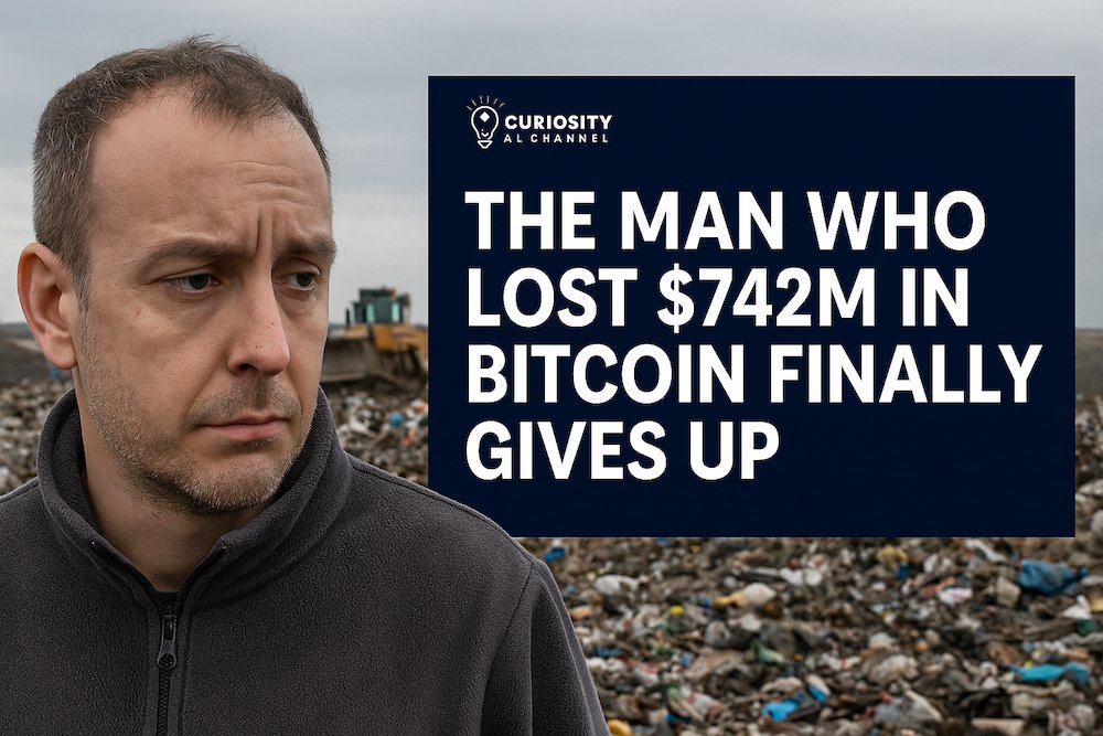 Illustrated cover showing a trash bin overflowing with Bitcoin coins and the headline “Man Who Threw Away 8,000 Bitcoins Finally Ends 12-Year Search.”