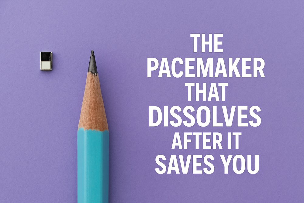 A dissolvable pacemaker placed next to the tip of a sharpened pencil, showing its ultra-small size.