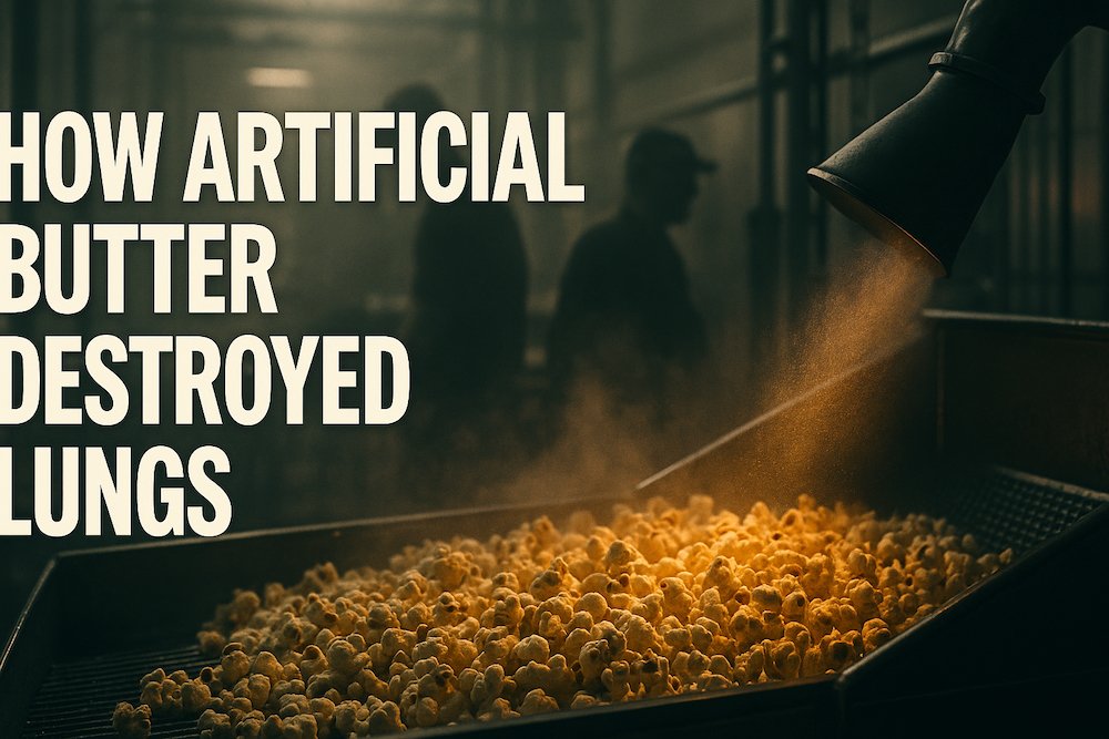 Factory worker wearing a mask surrounded by toxic butter-flavored vapor – symbolizing the health dangers of diacetyl exposure in popcorn production.
