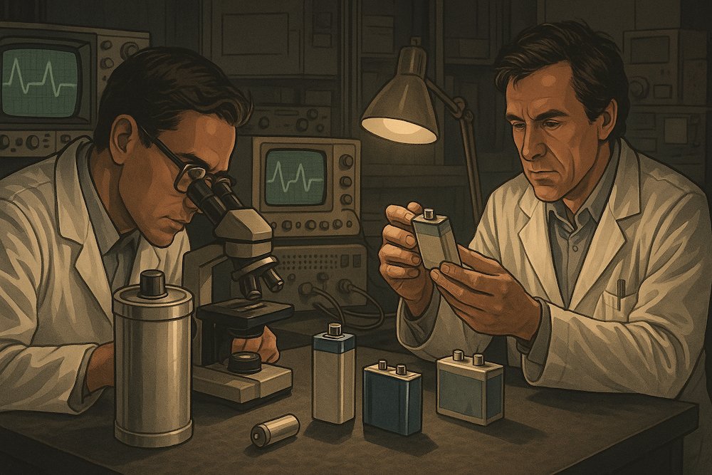 Early lithium-ion battery prototypes marking the breakthrough in modern energy storage.