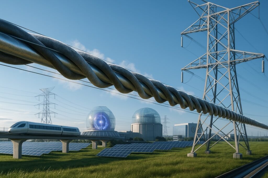 Futuristic energy infrastructure powered by superconductors including fusion reactors, maglev train, solar farms and cryogenic power lines