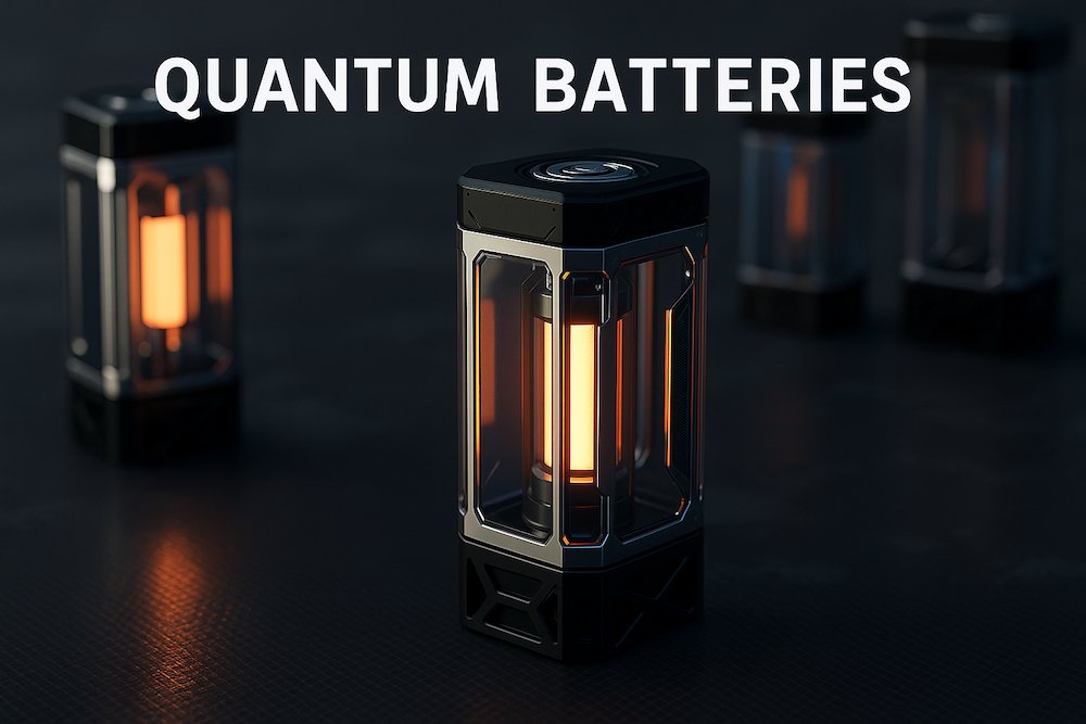 Conceptual illustration of futuristic quantum batteries with modular transparent design and glowing energy cores