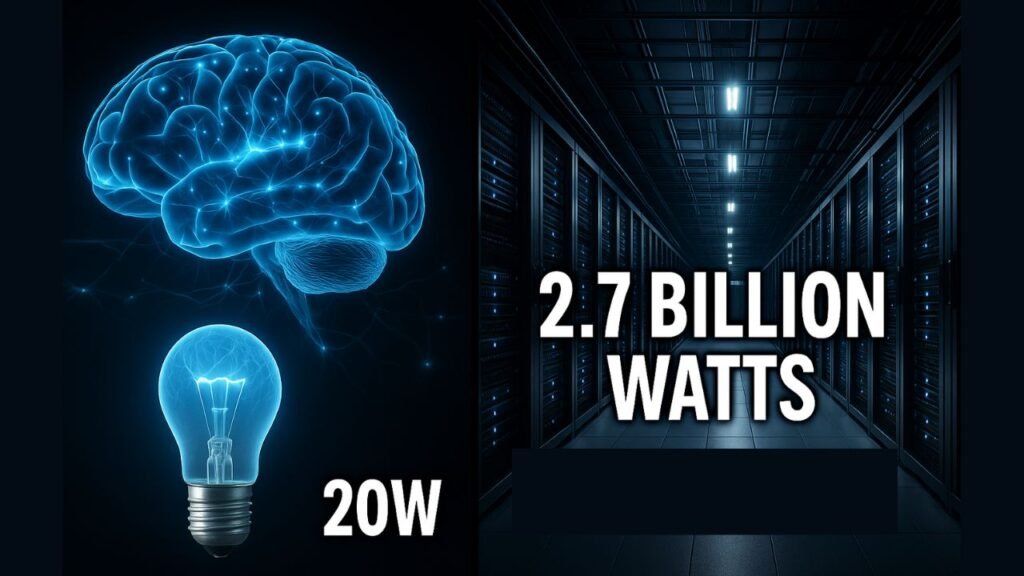 Split-screen comparison showing a glowing human brain using 20 watts next to a futuristic AI data center consuming 2.7 billion watts.