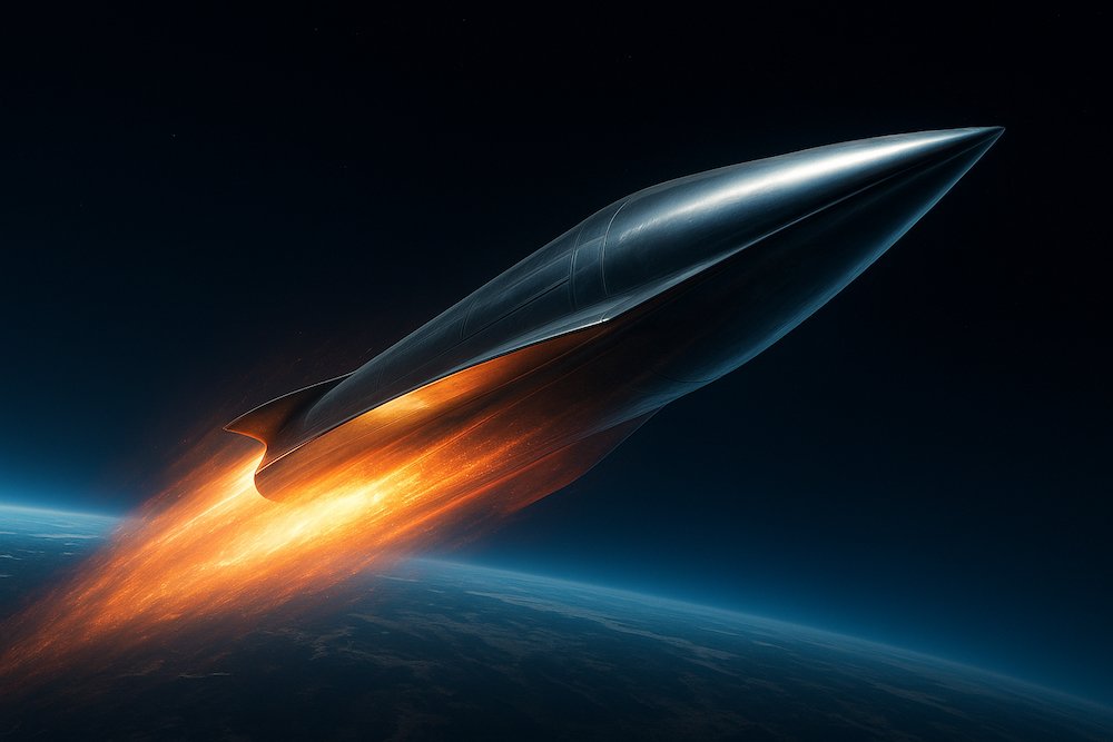 Realistic illustration of a hypersonic glide vehicle flying above Earth with plasma trail