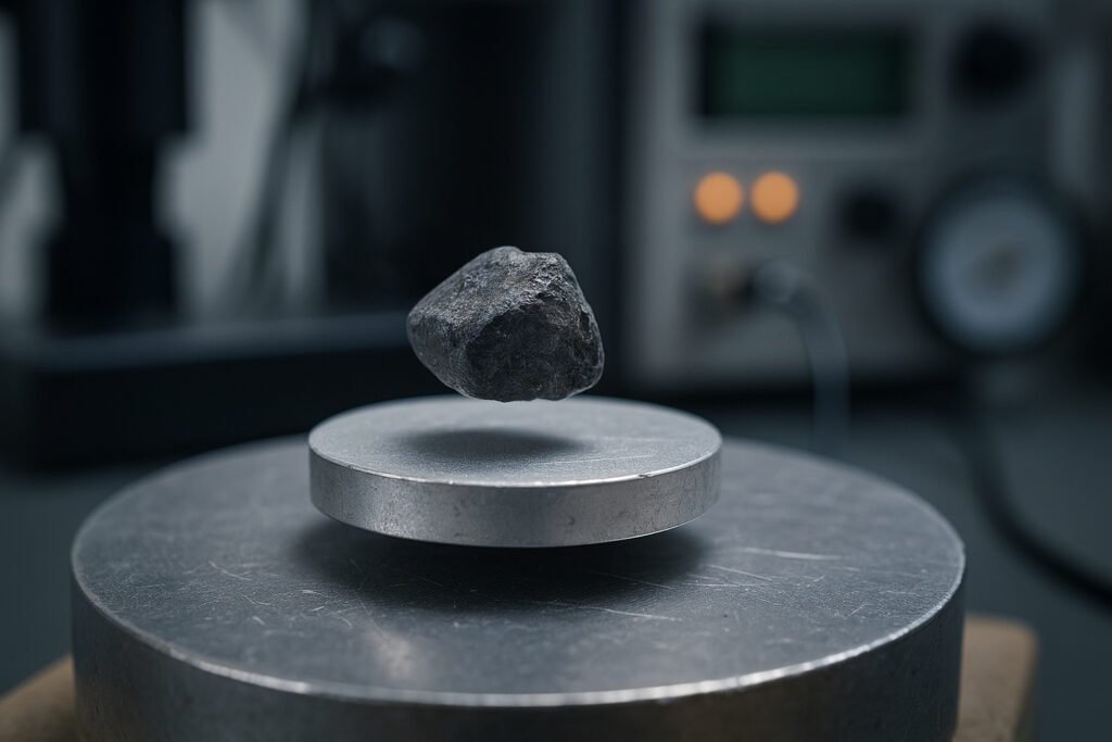 Experimental setup showing levitation of LK-99 sample above magnetic plate in laboratory