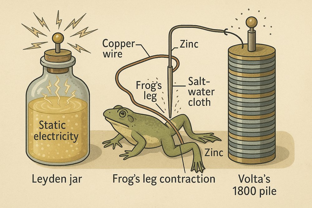 Educational illustration showing the Leyden Jar design, an 18th-century device for storing static electricity, with labeled glass jar, foil, and electrode.