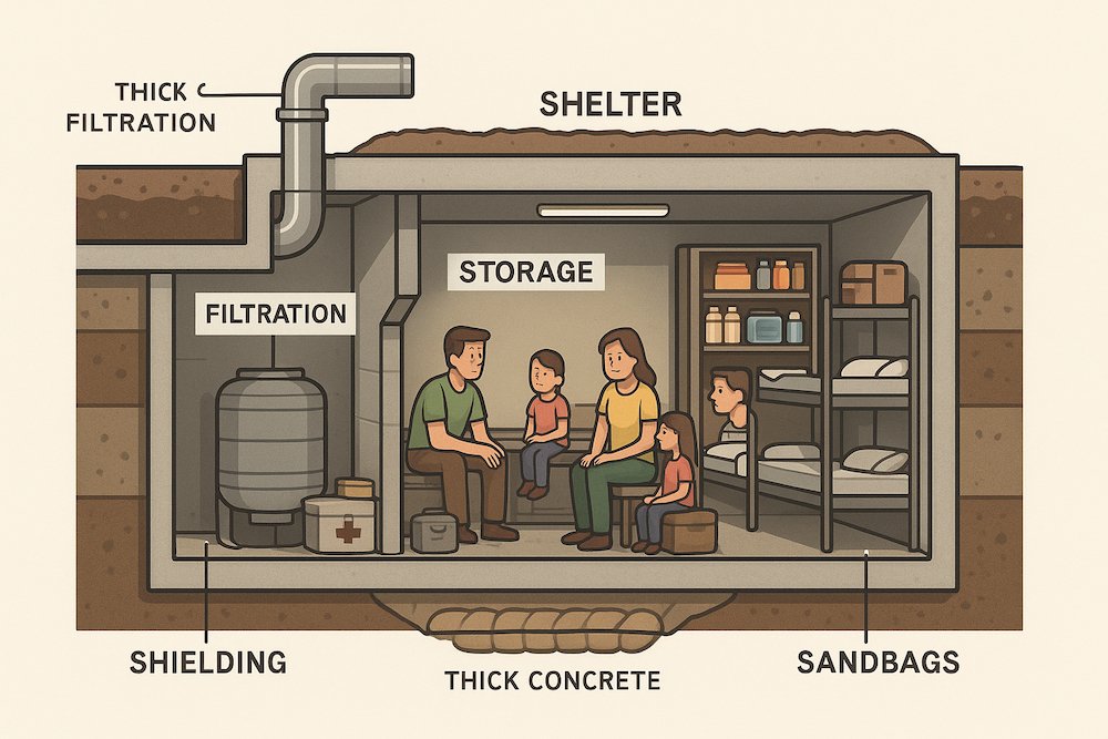 Educational cutaway diagram of a modern fallout shelter with radiation shielding and survival supplies