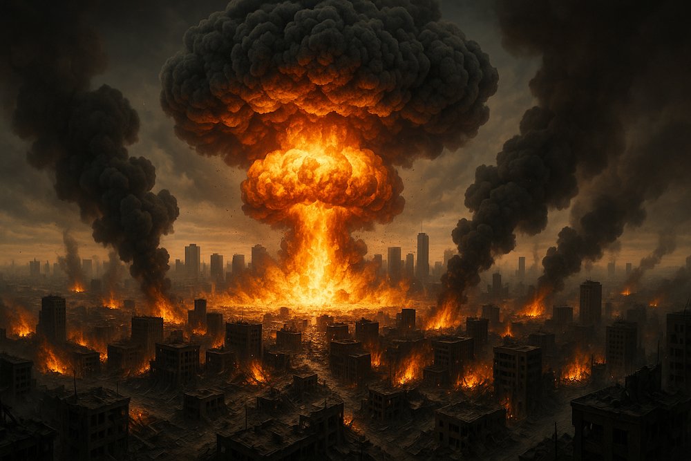 Realistic digital simulation of a nuclear explosion over a modern city skyline