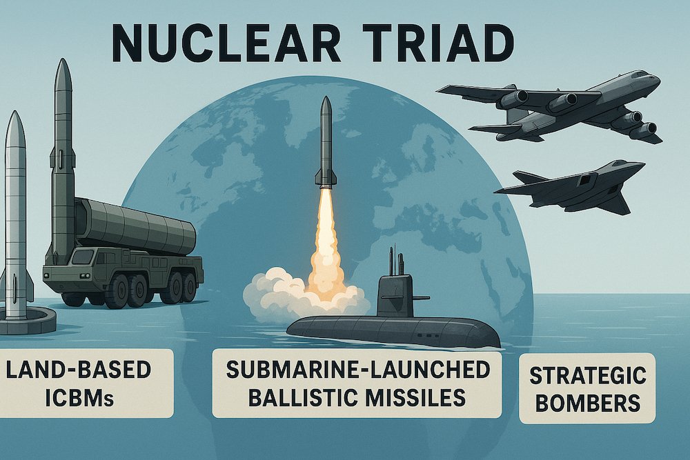 Infographic illustrating the Nuclear Triad concept with ICBMs, submarines, and bombers