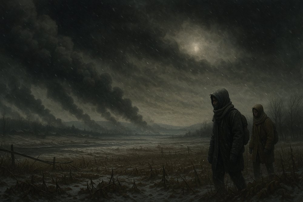 Realistic illustration of global nuclear winter with dark skies, dead farmland, and frozen landscape