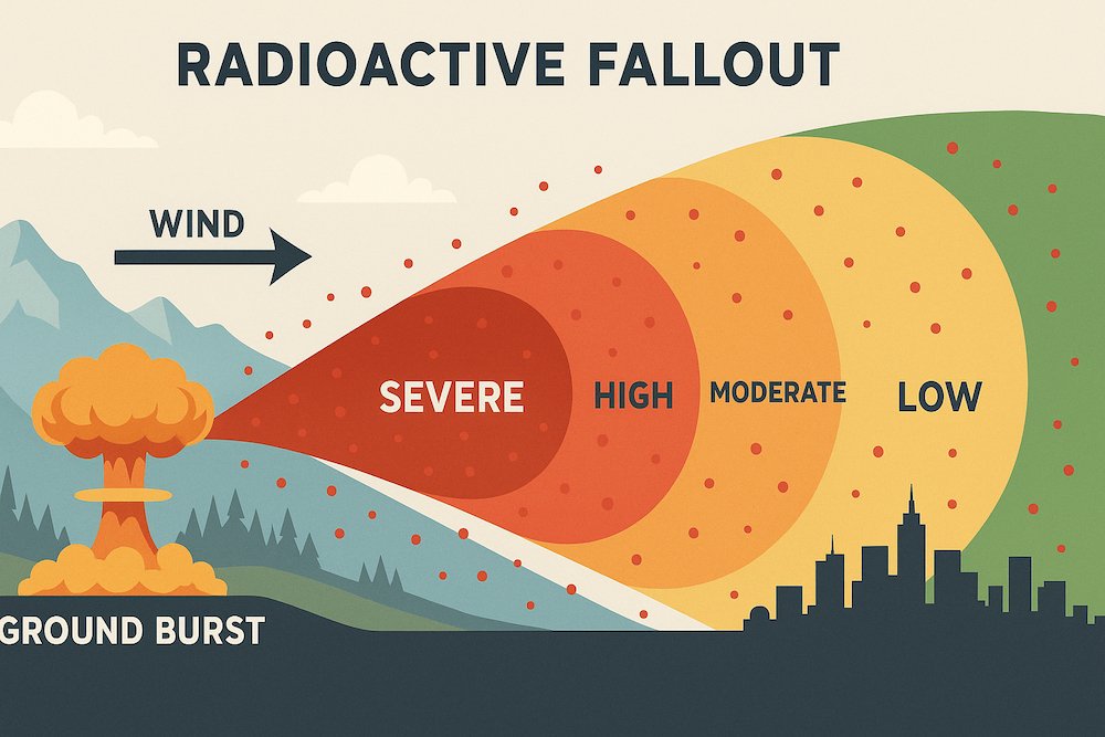 Educational infographic showing radioactive fallout zones after a nuclear ground burst