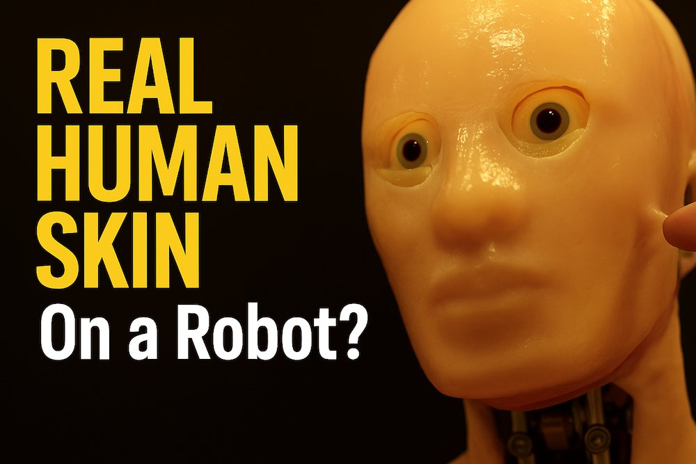 Humanoid robot with lifelike synthetic skin and a human finger pulling its cheek
