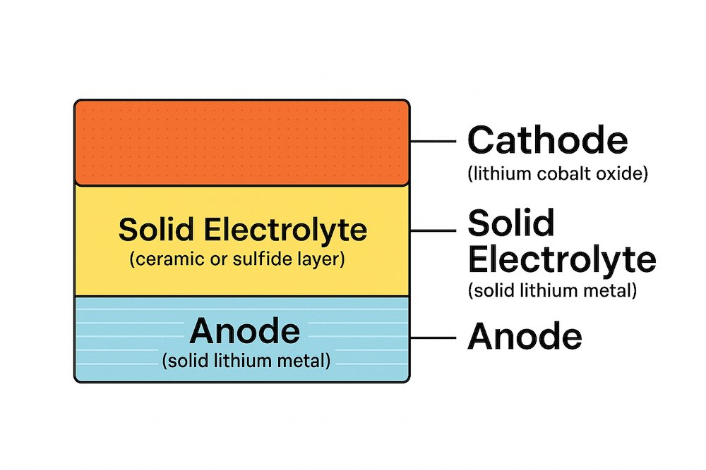 Educational cross-section diagram of a solid-state lithium battery structure.