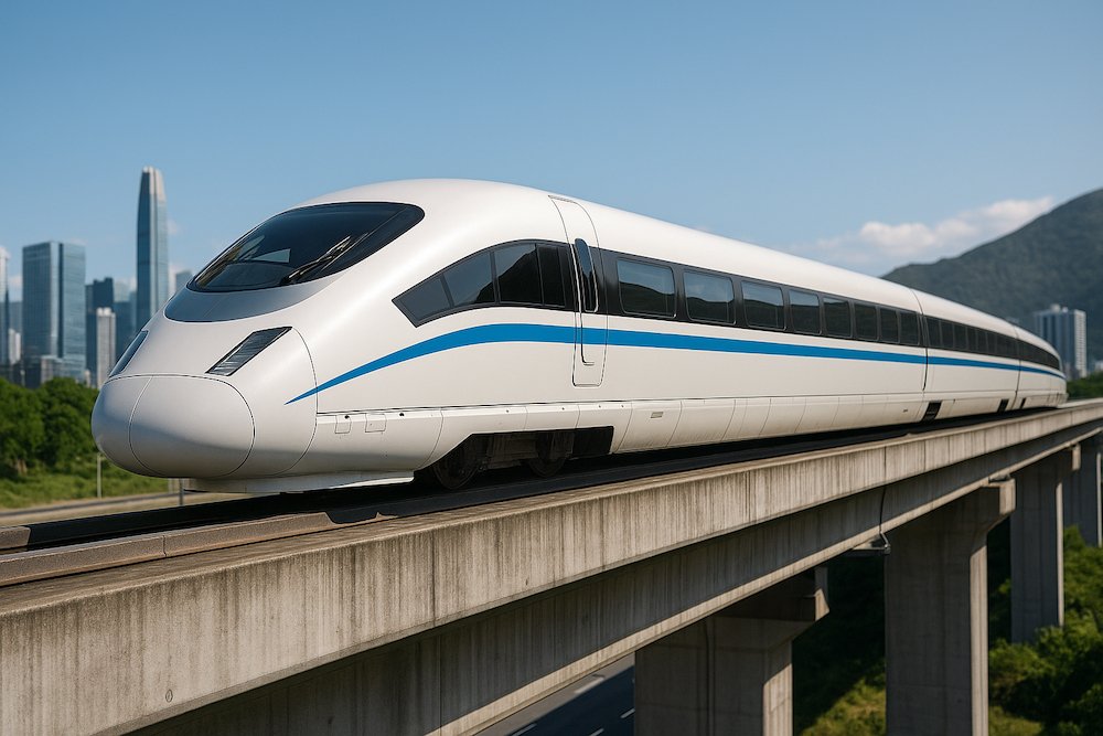 Realistic high-speed maglev train levitating above track using superconducting magnets