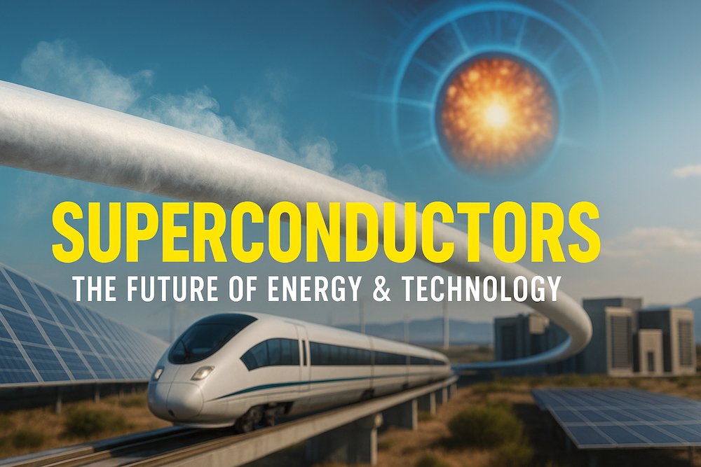 Superconductors — the future of energy and technology visualized with fusion reactors, maglev train, solar farms and superconductor power lines