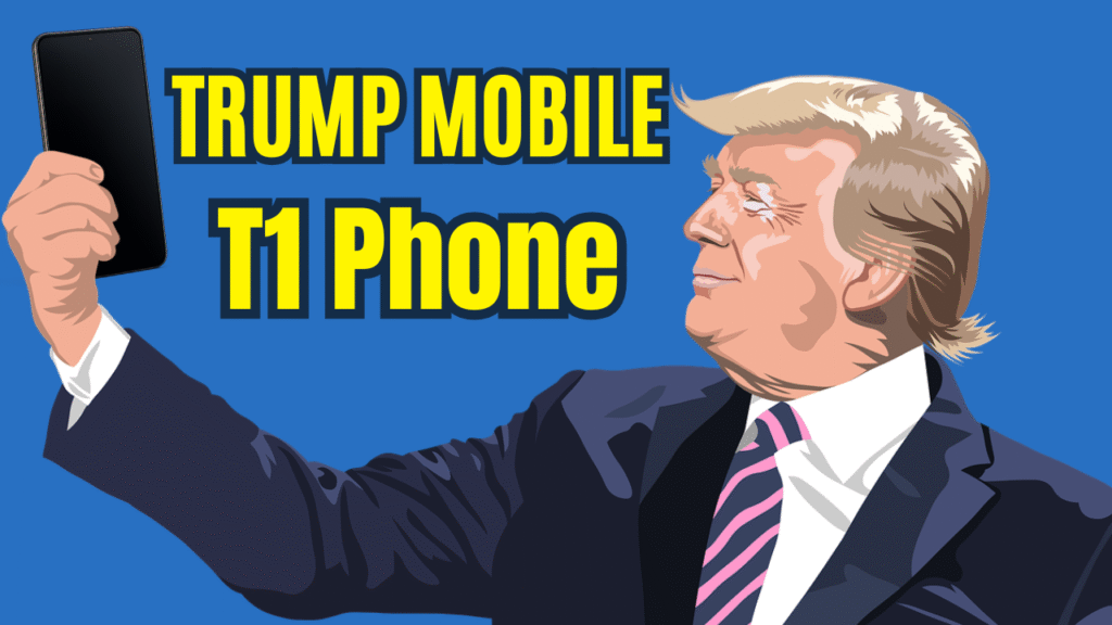 Donald Trump holding a smartphone, promoting the launch of Trump Mobile and the T1 Phone.