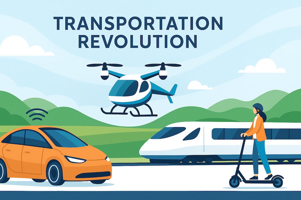Illustration of the future of transportation with electric trucks, maritime vessels, aircraft, and air taxis powered by advanced batteries.