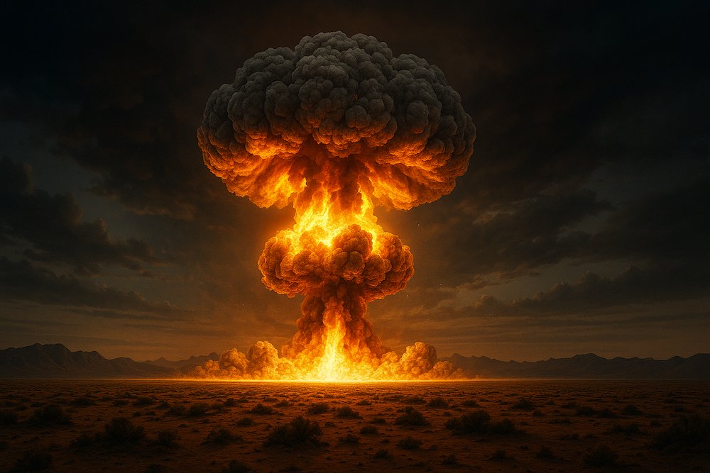 Realistic digital illustration of the Trinity nuclear test explosion in New Mexico desert, 1945