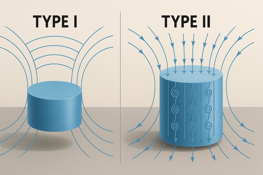 Scientific comparison between Type I and Type II superconductors showing magnetic field behavior