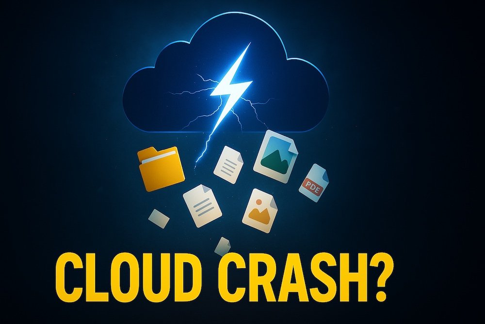 Glowing cloud icon releasing digital files into a dark void, symbolizing data loss