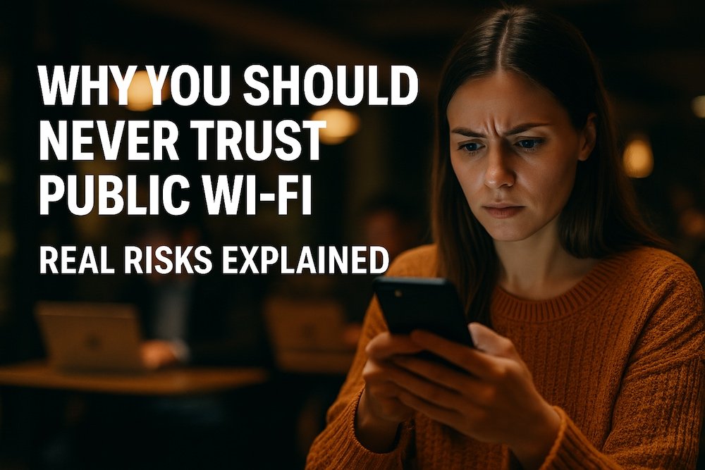 Woman looking concerned while using public Wi-Fi on smartphone in a café