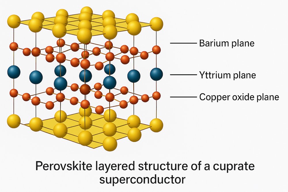 Perovskite layered crystal structure of a cuprate superconductor showing barium, yttrium, and copper oxide planes
