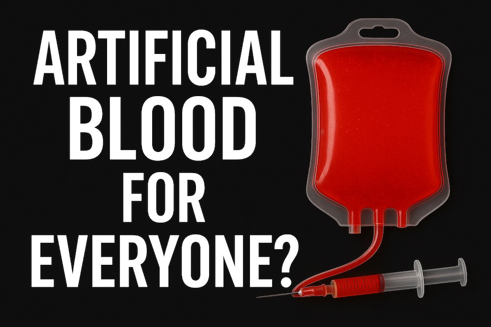 Artificial blood bag and syringe with text “Artificial Blood for Everyone?”