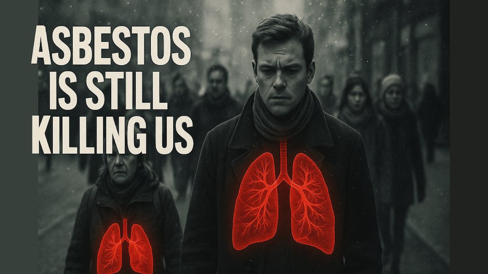 A person with glowing red lungs walking through airborne particles — visual from the Curiosity AI documentary about asbestos.