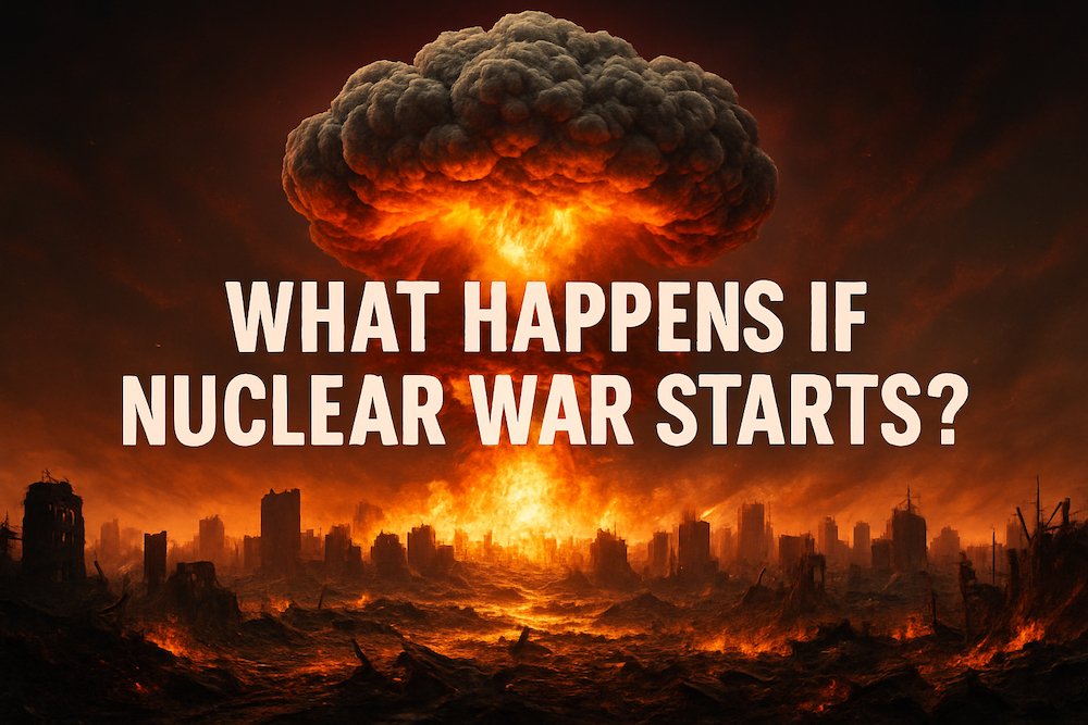 Digital illustration of a nuclear mushroom cloud with bold text "What Happens If Nuclear War Starts?"