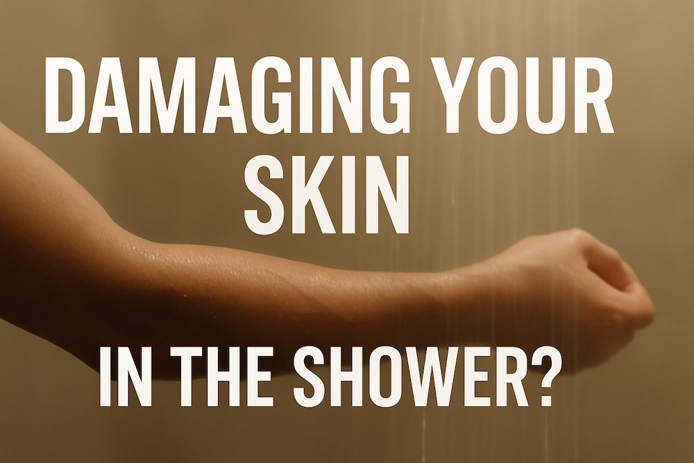 Arm under hot shower water with visible skin irritation and overlaid warning text