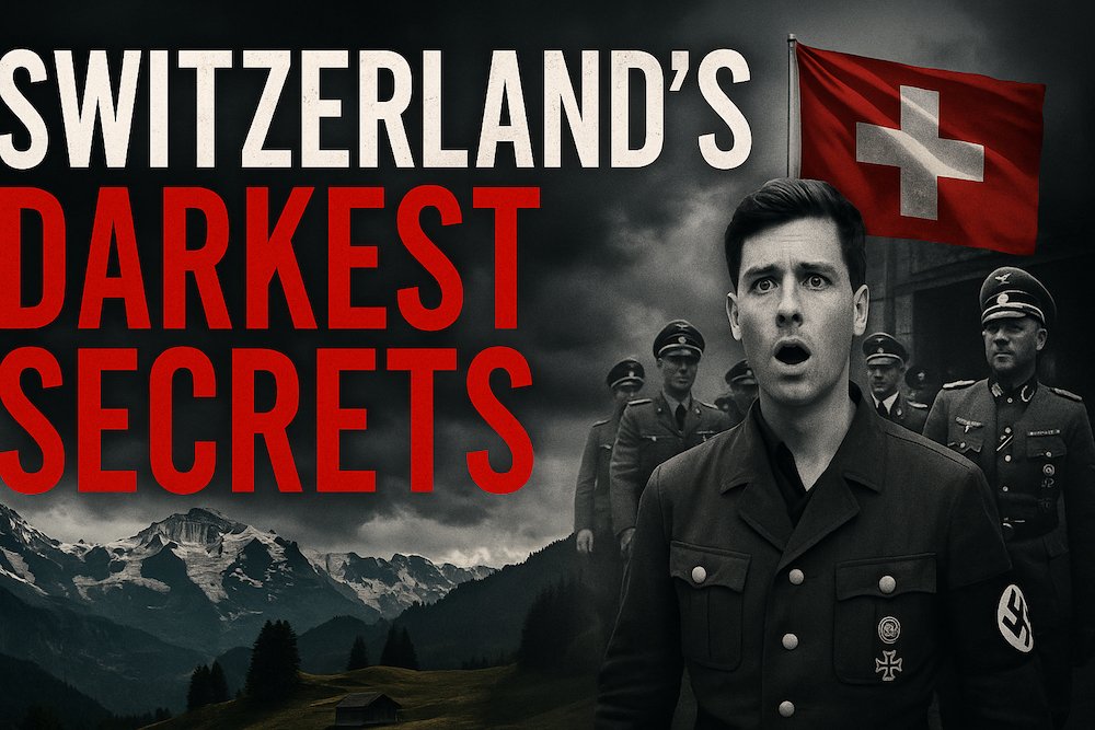 Swiss banking vault door cracked open, revealing piles of Nazi gold bars, with shadowy Alpine mountains in the background and dark storm clouds above.