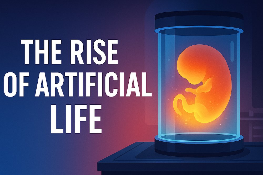 Synthetic embryo floating in a futuristic laboratory container, representing artificial life reproduction technology.