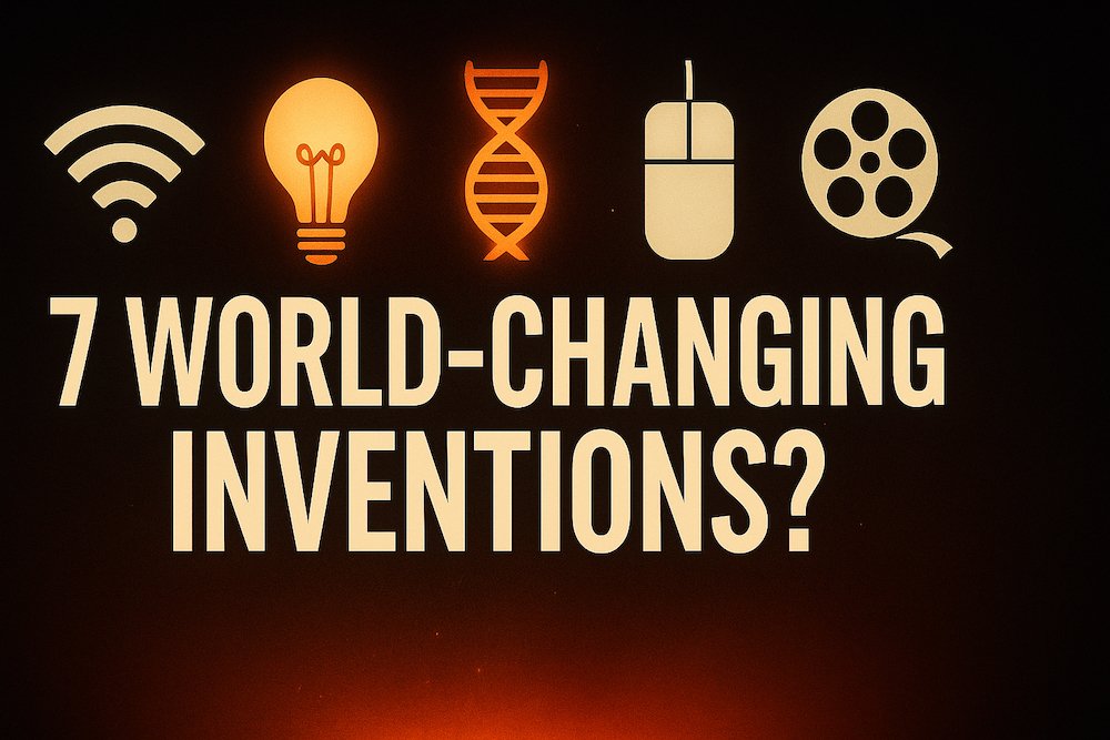 Icons of major inventions including WiFi, lightbulb, DNA, mouse, and film reel with dramatic lighting