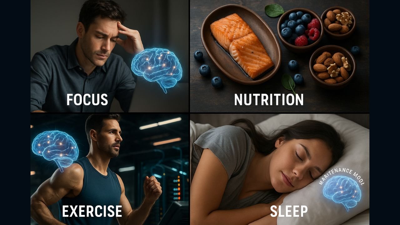 Ultra-realistic 4-part image showing brain optimization through focus, brain-boosting foods, exercise, and sleep, with glowing brain activity overlays.