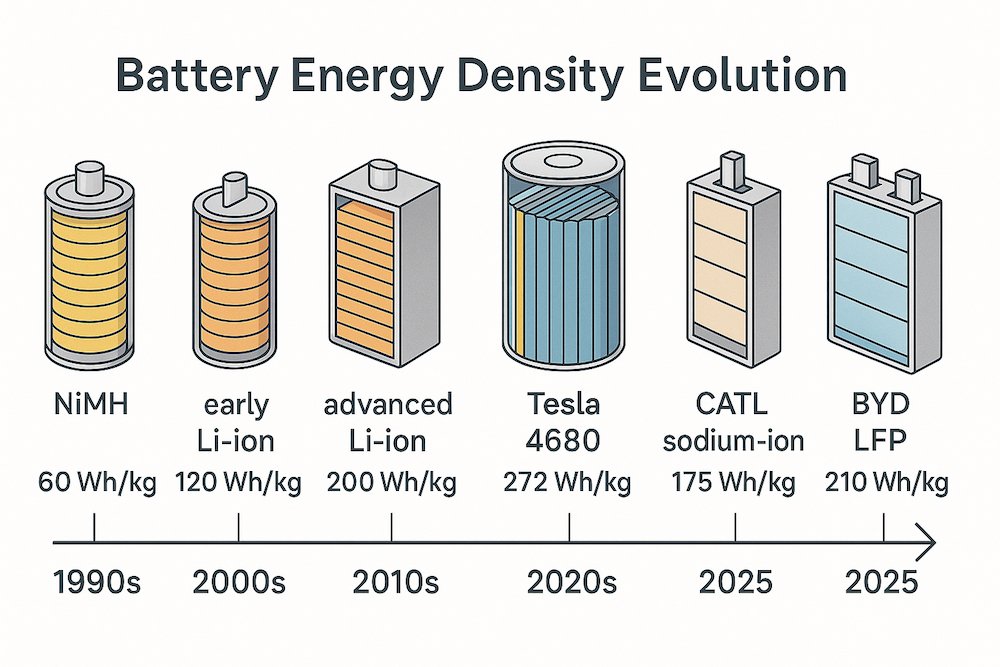 Technical timeline showing battery energy density evolution from 1990 to 2025 with cross-sections of NiMH, Li-ion, Tesla 4680, CATL sodium-ion, and BYD LFP batteries.