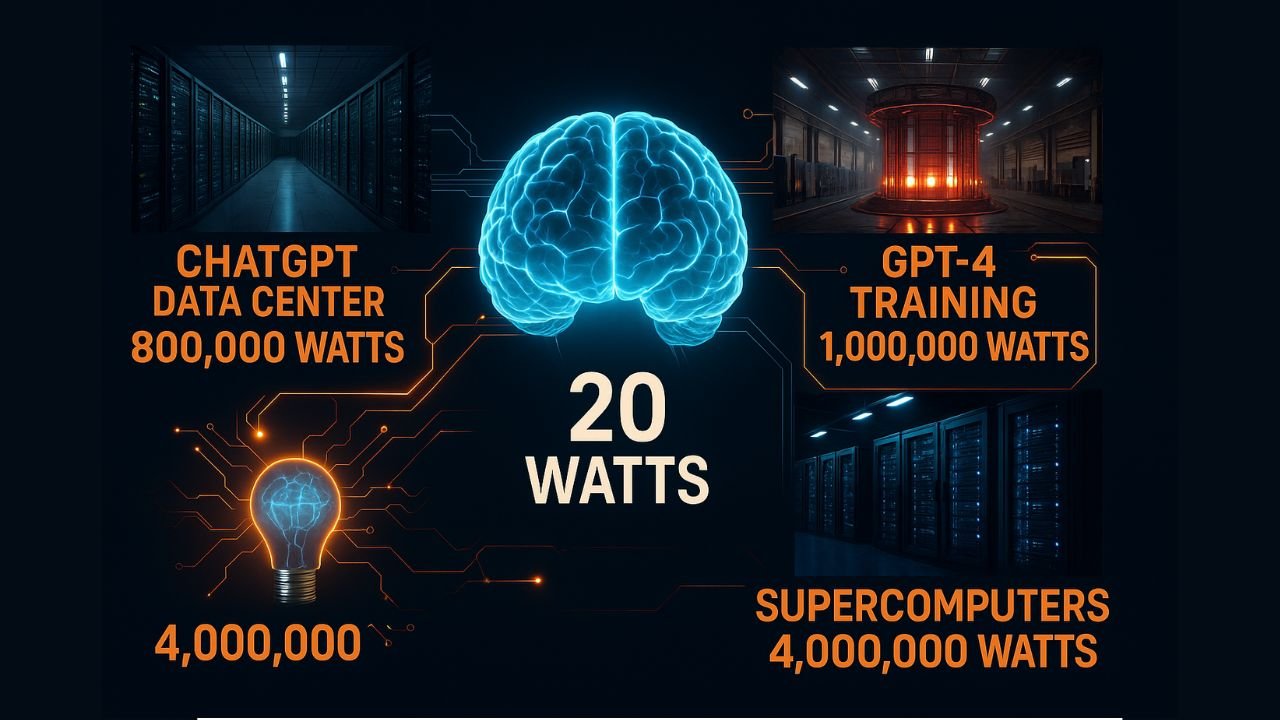 Infographic showing the human brain using 20 watts compared to ChatGPT, GPT-4, and supercomputers consuming millions of watts.