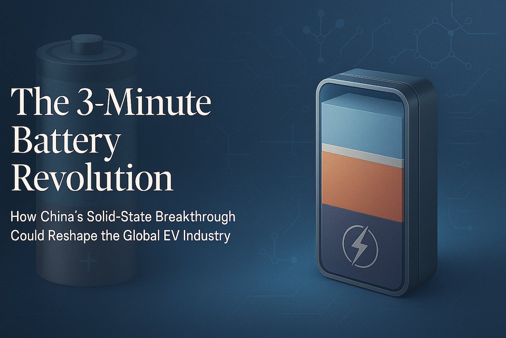 Professional blog cover image showing a solid-state battery cross-section and title “The 3-Minute Battery Revolution” on a blue tech background