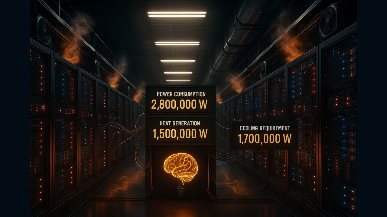 Ultra-realistic view of an AI data center showing rows of servers, energy consumption displays, heat generation, and cooling systems in action.