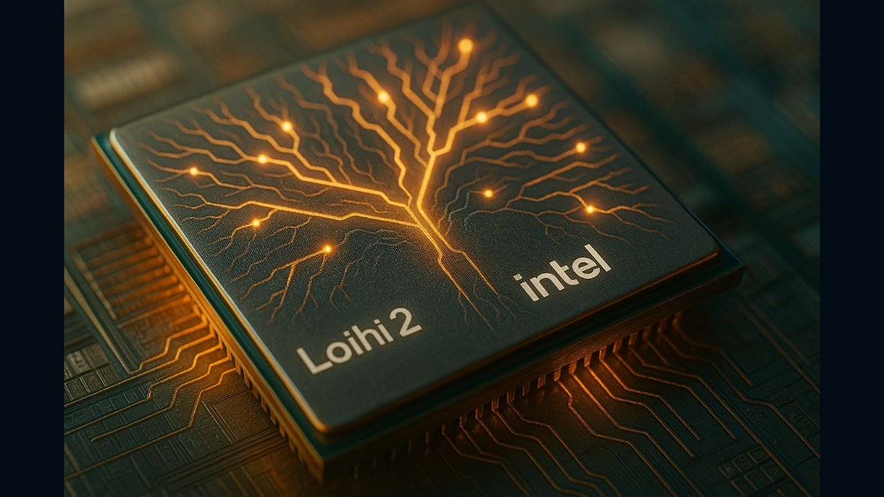 Ultra-realistic close-up of the Intel Loihi 2 neuromorphic chip featuring glowing brain-like neural pathways etched in silicon, highlighting bio-inspired architecture and energy-efficient design.