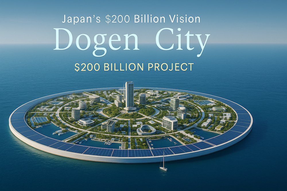 Aerial view of Japan’s futuristic floating city Dogen City, designed as a circular ocean metropolis with modern architecture, solar panels, and green technology