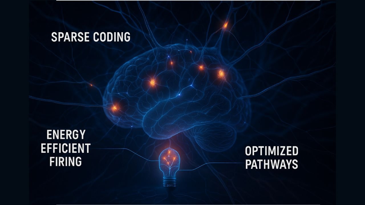 Ultra-realistic close-up of brain neural networks showing sparse coding, energy-efficient synapses, and optimized neural pathways.