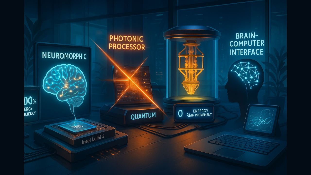 Ultra-realistic futuristic workspace showing neuromorphic chips, photonic processors with light beams, quantum computing cores, and brain-computer interfaces, highlighting sustainable energy-efficient design.