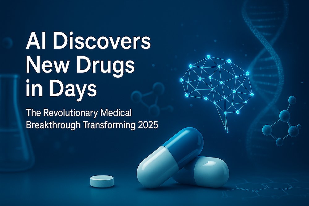 AI-generated image showing futuristic drug discovery with neural network and DNA helix, illustrating rapid medical innovation in 2025.