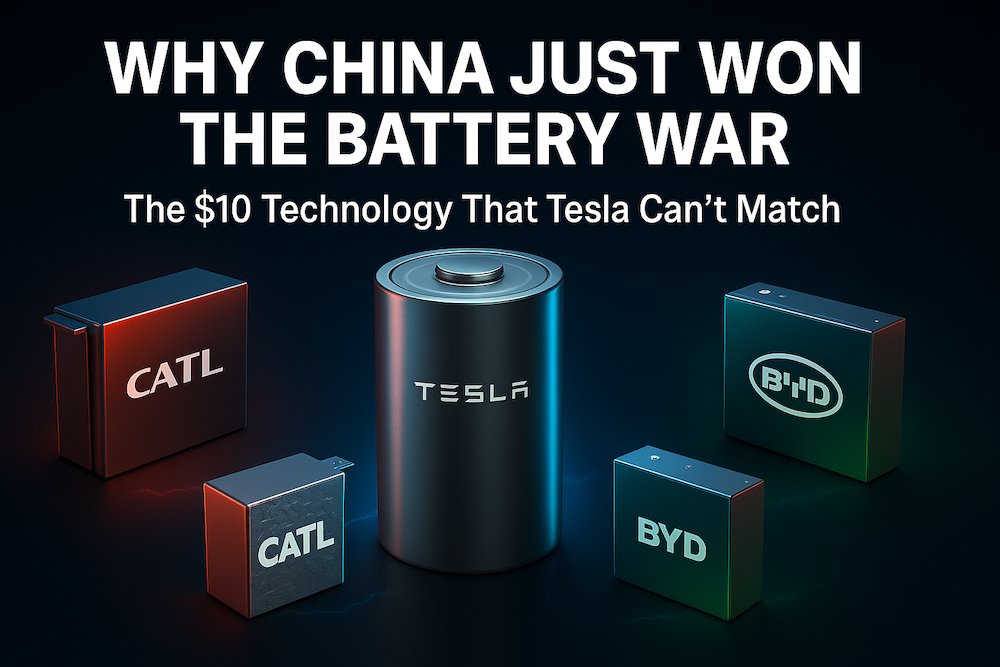 Illustration of Tesla, CATL, and BYD battery technologies showing China's dominance in the battery war.